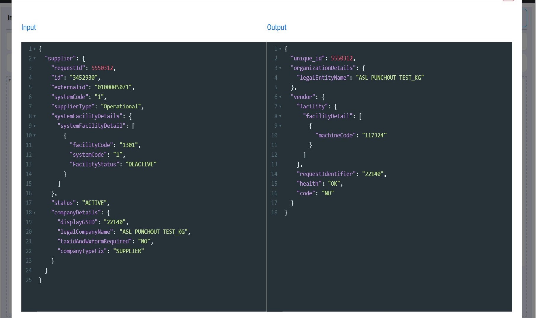 Final transformed output, input and output JSON