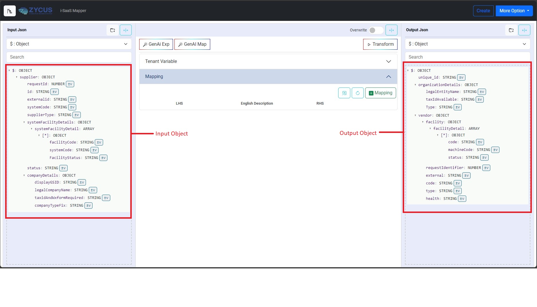 GenAI Mapper step 1, select input and output schemas